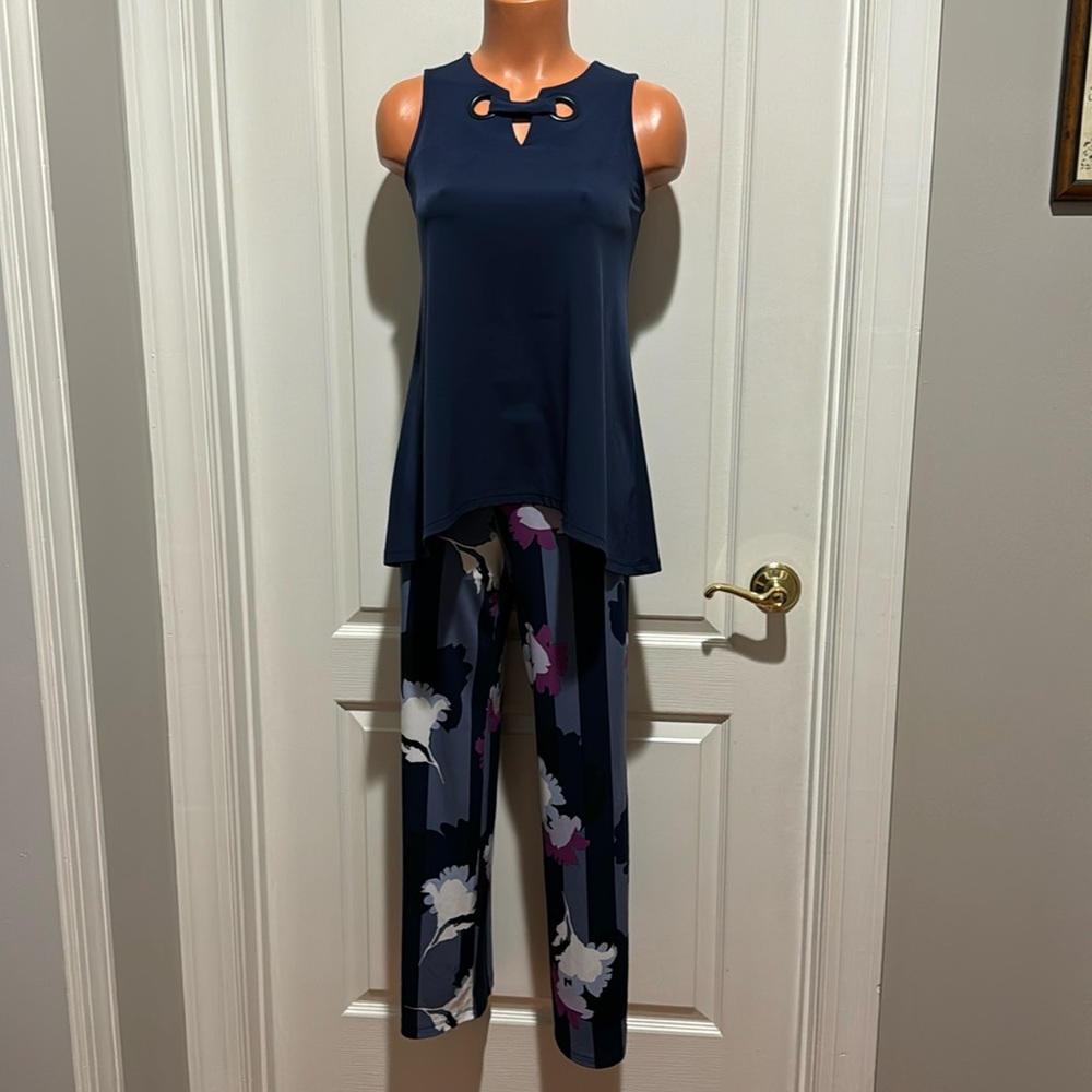 ALFANI 2p Split Neck Tunic Top & Block Buds Print Pants Nautical Navy $130 PS SP